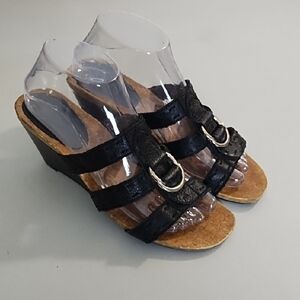 Black Wedge Sandals with Leather Straps Stitching Cork Soles
